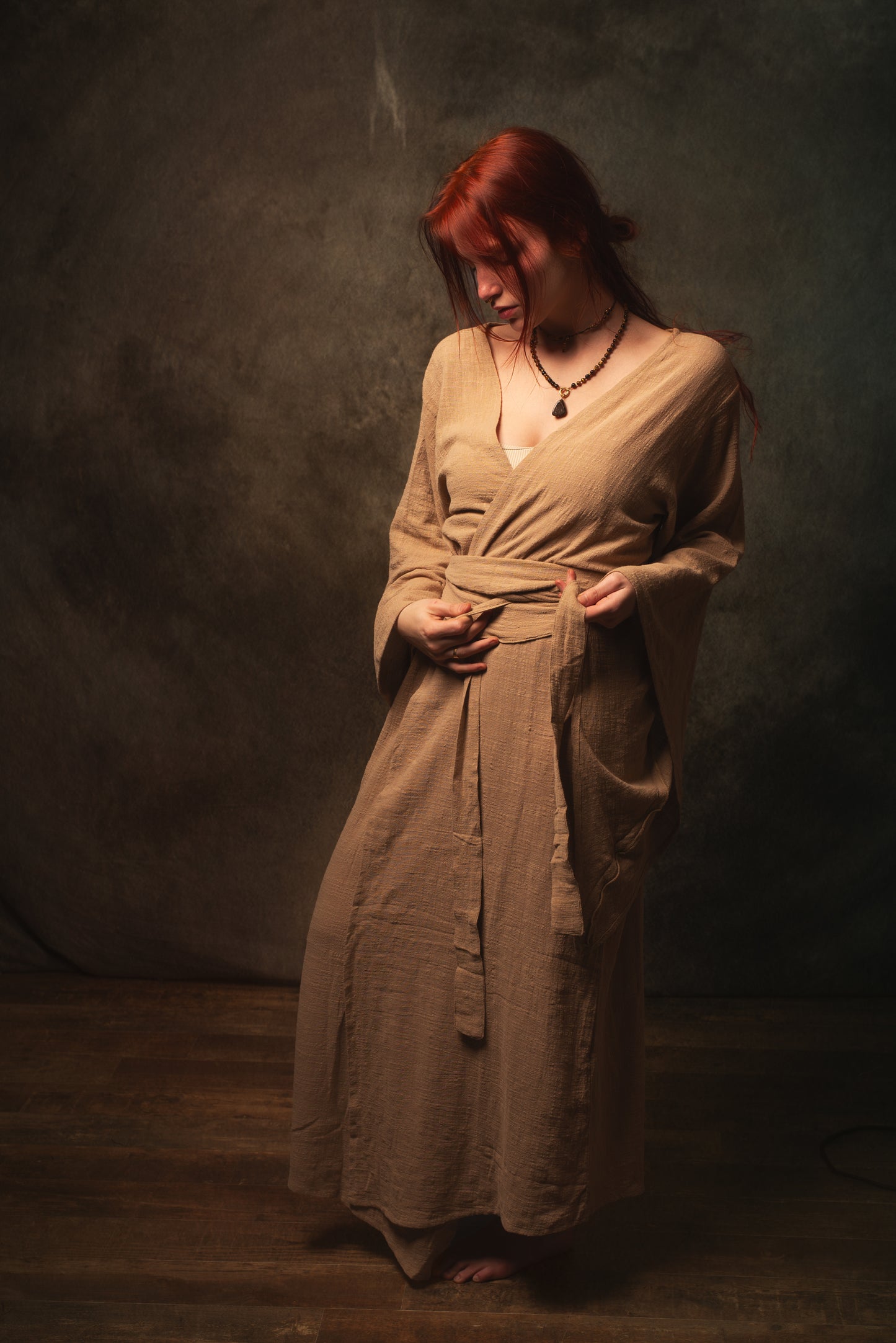 MIRA Womens Kimono Dress Sandalwood Brown Japanese Arm Flairs Soft Breathable Cotton Festival Ritual Resort Wear AJJAYA