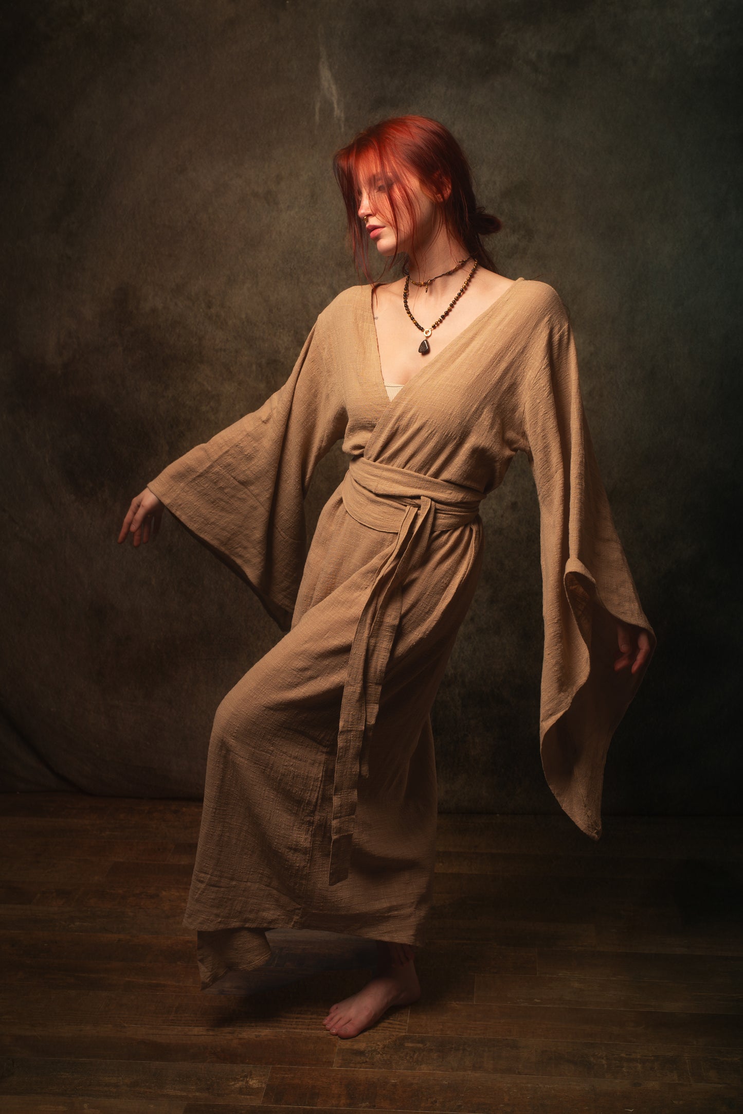 MIRA Womens Kimono Dress Sandalwood Brown Japanese Arm Flairs Soft Breathable Cotton Festival Ritual Resort Wear AJJAYA