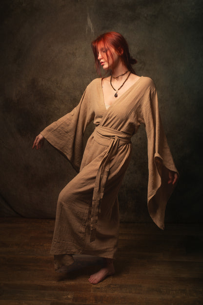 MIRA Womens Kimono Dress Sandalwood Brown Japanese Arm Flairs Soft Breathable Cotton Festival Ritual Resort Wear AJJAYA