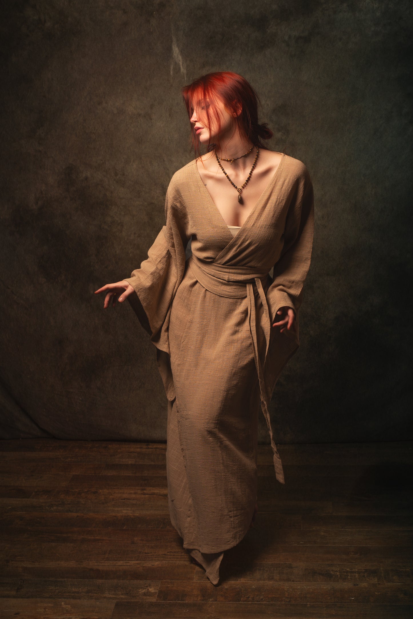 MIRA Womens Kimono Dress Sandalwood Brown Japanese Arm Flairs Soft Breathable Cotton Festival Ritual Resort Wear AJJAYA