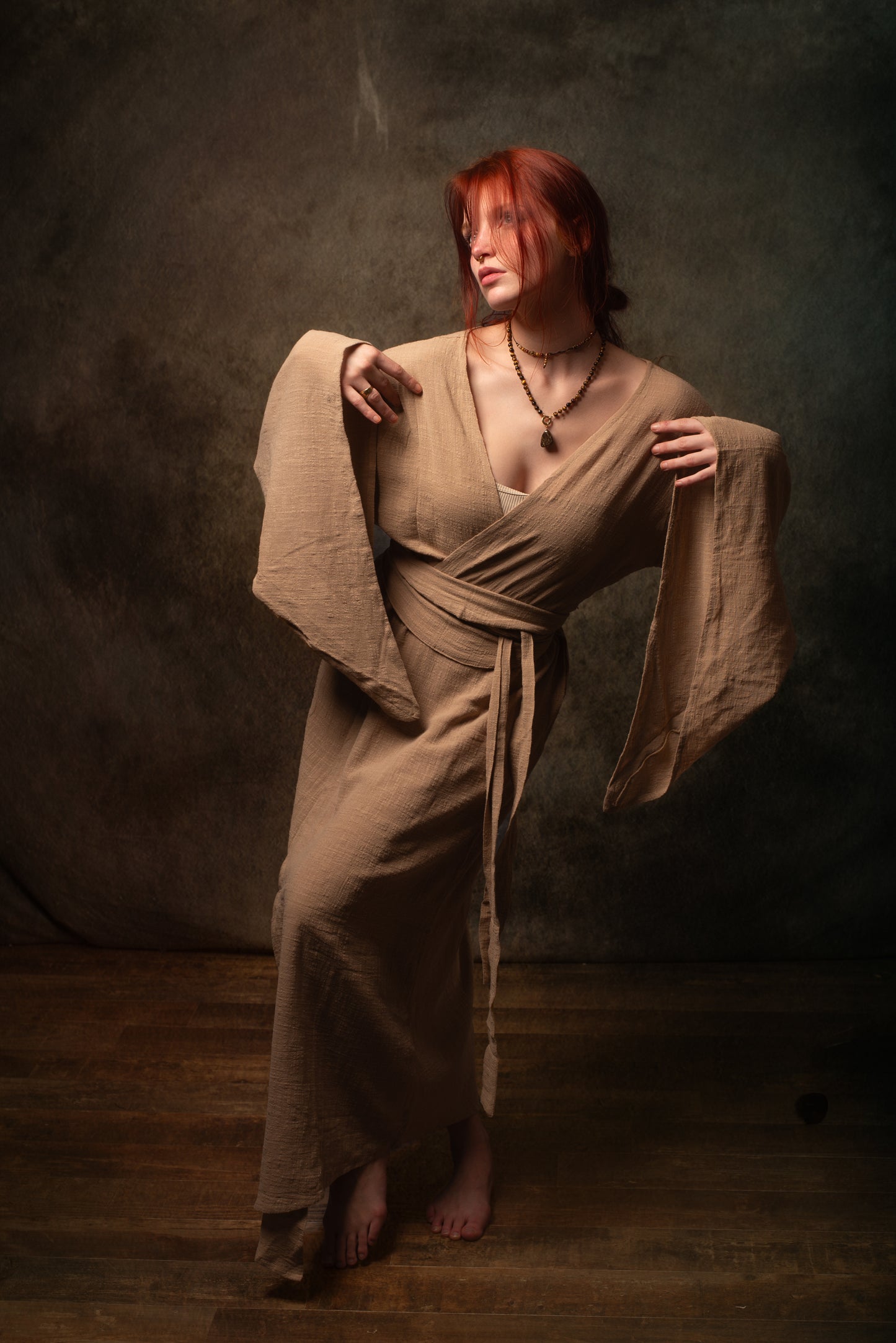 MIRA Womens Kimono Dress Sandalwood Brown Japanese Arm Flairs Soft Breathable Cotton Festival Ritual Resort Wear AJJAYA