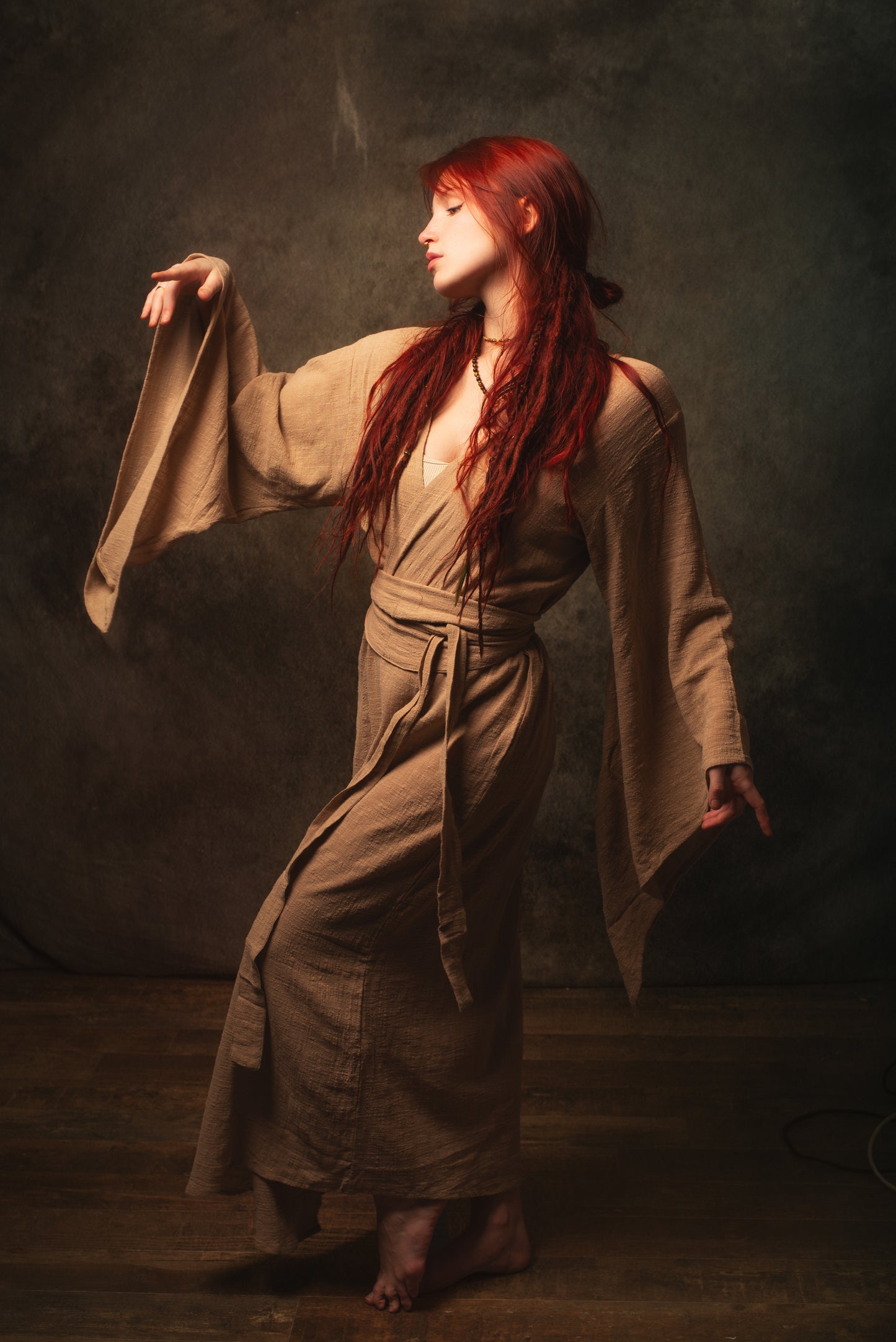 MIRA Womens Kimono Dress Sandalwood Brown Japanese Arm Flairs Soft Breathable Cotton Festival Ritual Resort Wear AJJAYA