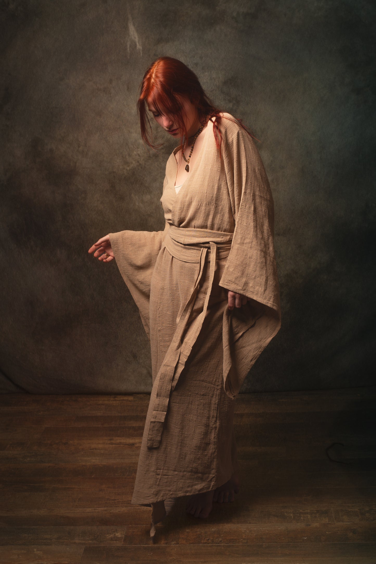 MIRA Womens Kimono Dress Sandalwood Brown Japanese Arm Flairs Soft Breathable Cotton Festival Ritual Resort Wear AJJAYA