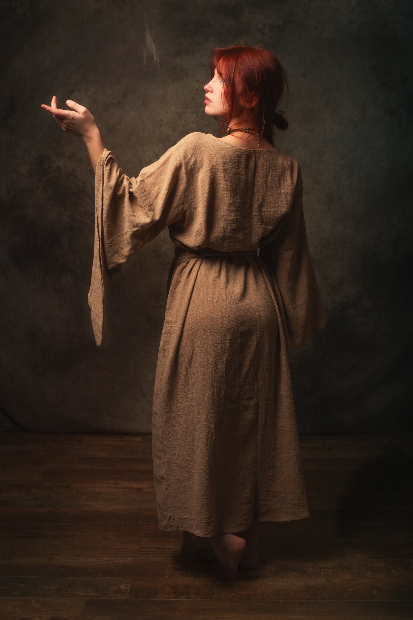 MIRA Womens Kimono Dress Sandalwood Brown Japanese Arm Flairs Soft Breathable Cotton Festival Ritual Resort Wear AJJAYA