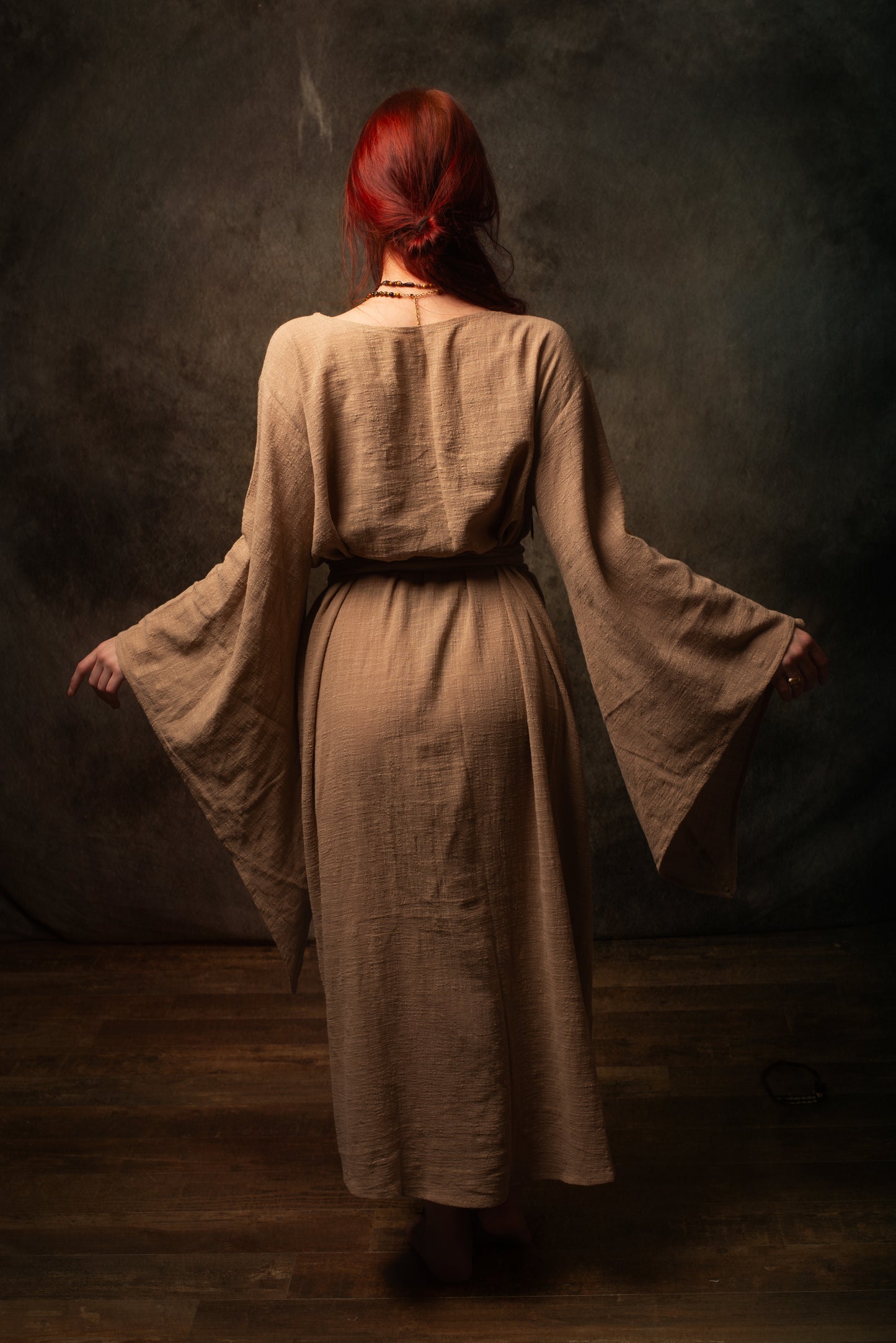 MIRA Womens Kimono Dress Sandalwood Brown Japanese Arm Flairs Soft Breathable Cotton Festival Ritual Resort Wear AJJAYA