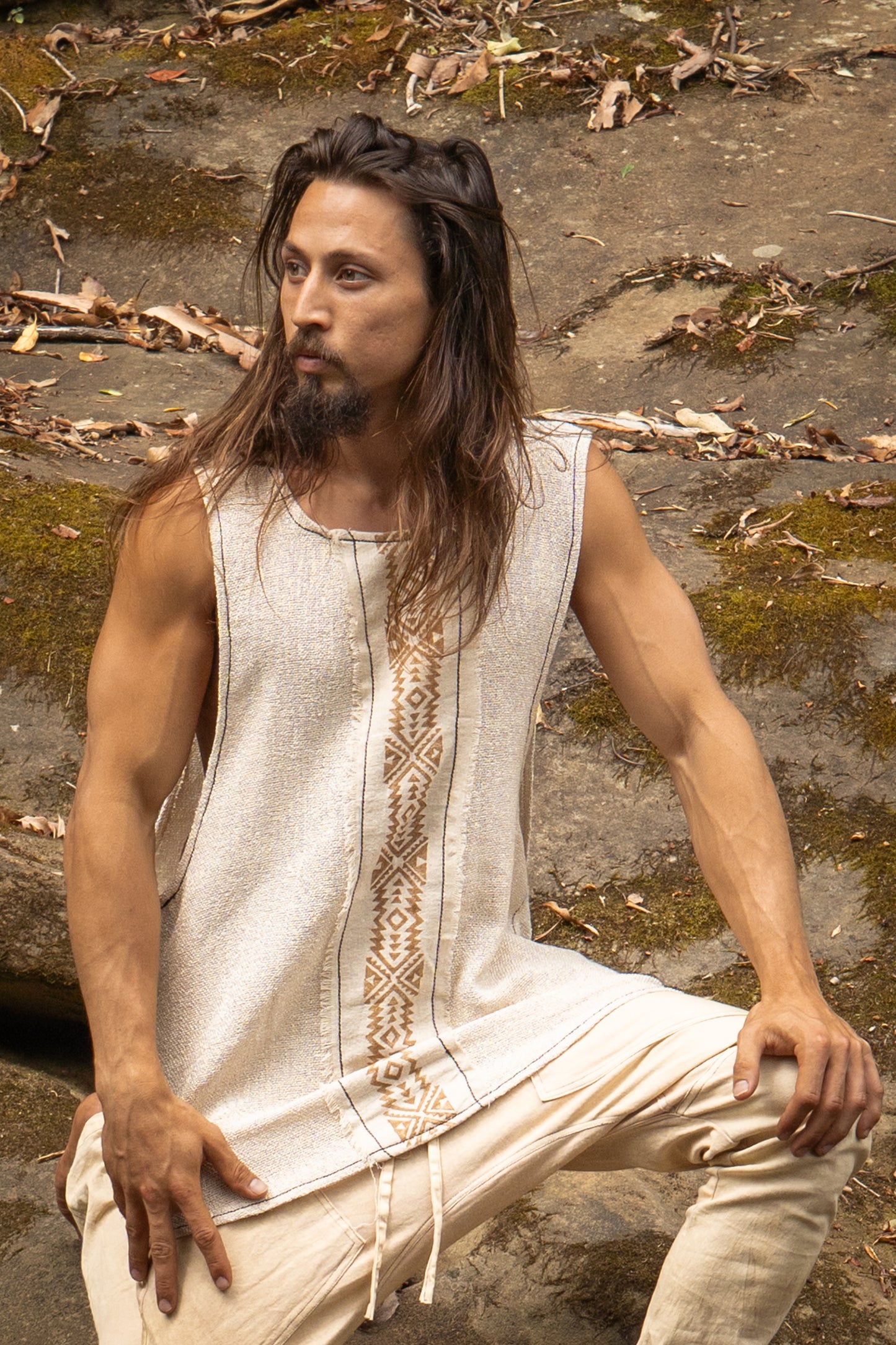 KAZA Beige Mens Tank Top Sleeveless Yoga Deep Cut Breathable Semi See-through Cotton Tribal Pattern Block Printed Festival Ceremonial AJJAYA