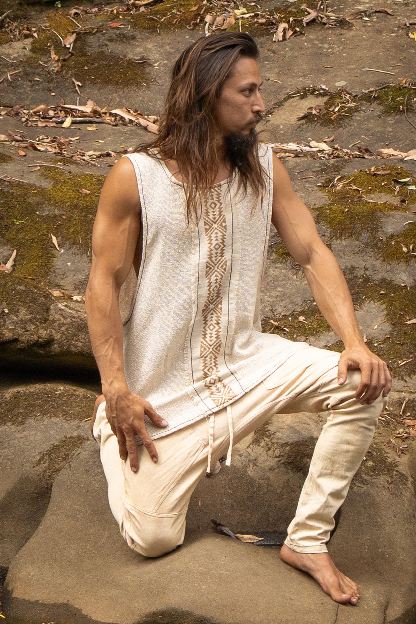 KAZA Beige Mens Tank Top Sleeveless Yoga Deep Cut Breathable Semi See-through Cotton Tribal Pattern Block Printed Festival Ceremonial AJJAYA