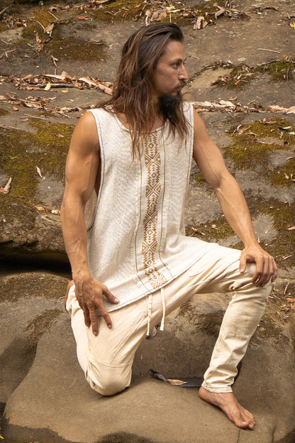 KAZA Beige Mens Tank Top Sleeveless Yoga Deep Cut Breathable Semi See-through Cotton Tribal Pattern Block Printed Festival Ceremonial AJJAYA