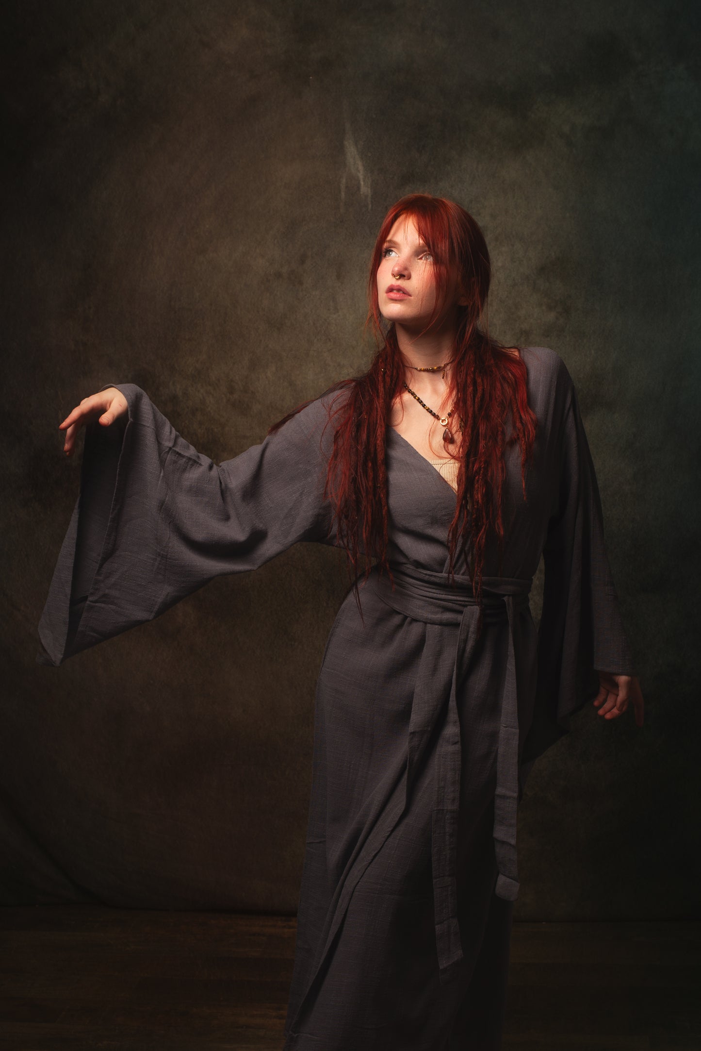 MIRA Womens Kimono Dress Grey Brown Japanese Arm Flairs Soft Breathable Cotton Festival Ritual Resort Wear AJJAYA