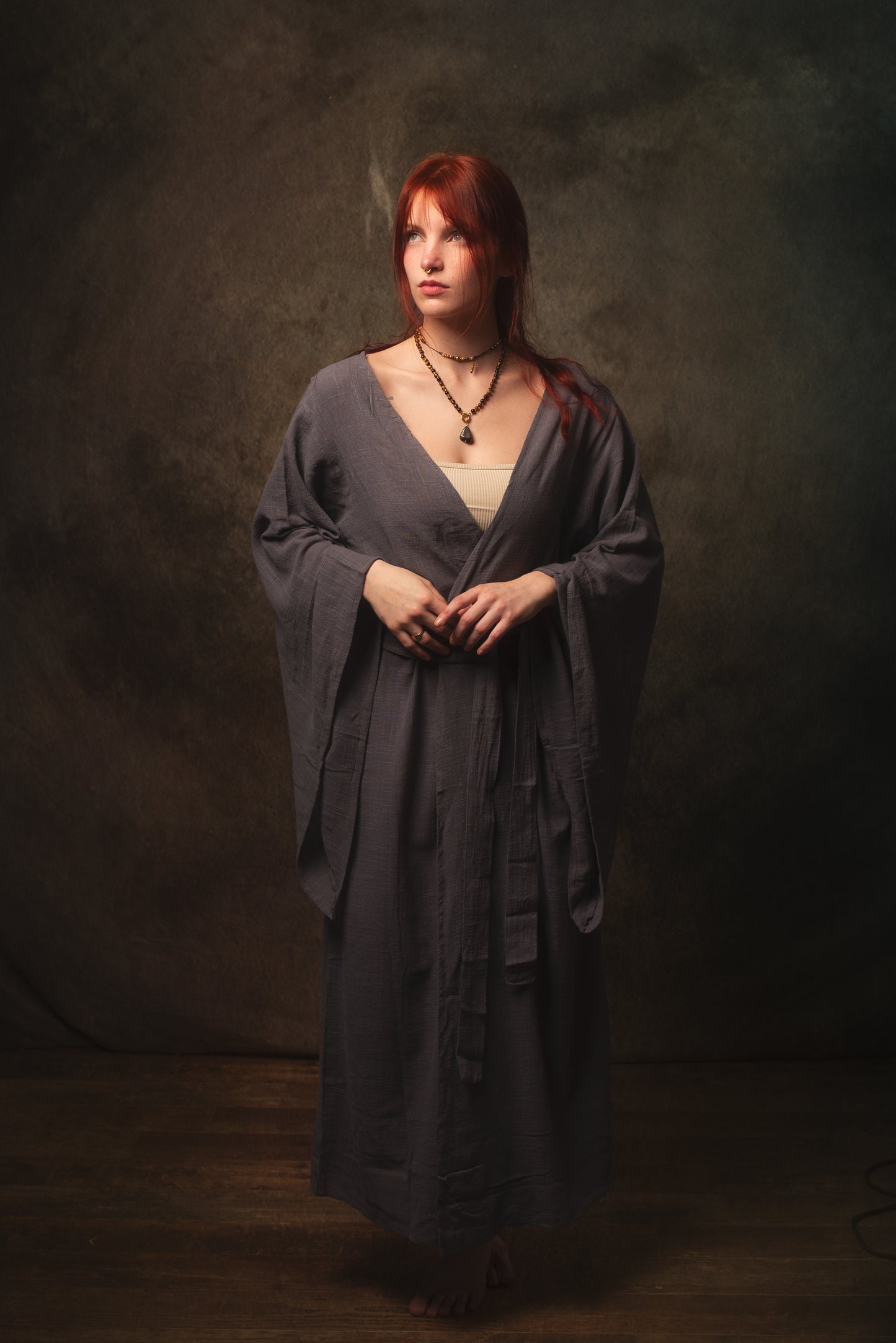 MIRA Womens Kimono Dress Sandalwood Brown Japanese Arm Flairs Soft Breathable Cotton Festival Ritual Resort Wear AJJAYA