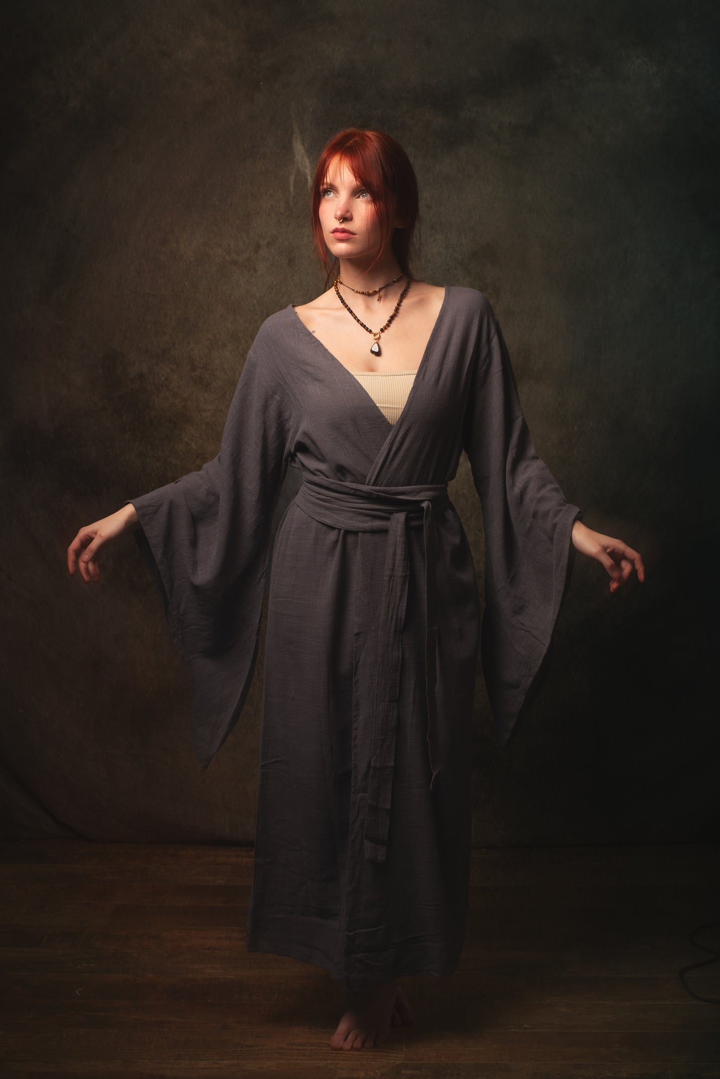 MIRA Womens Kimono Dress Sandalwood Brown Japanese Arm Flairs Soft Breathable Cotton Festival Ritual Resort Wear AJJAYA