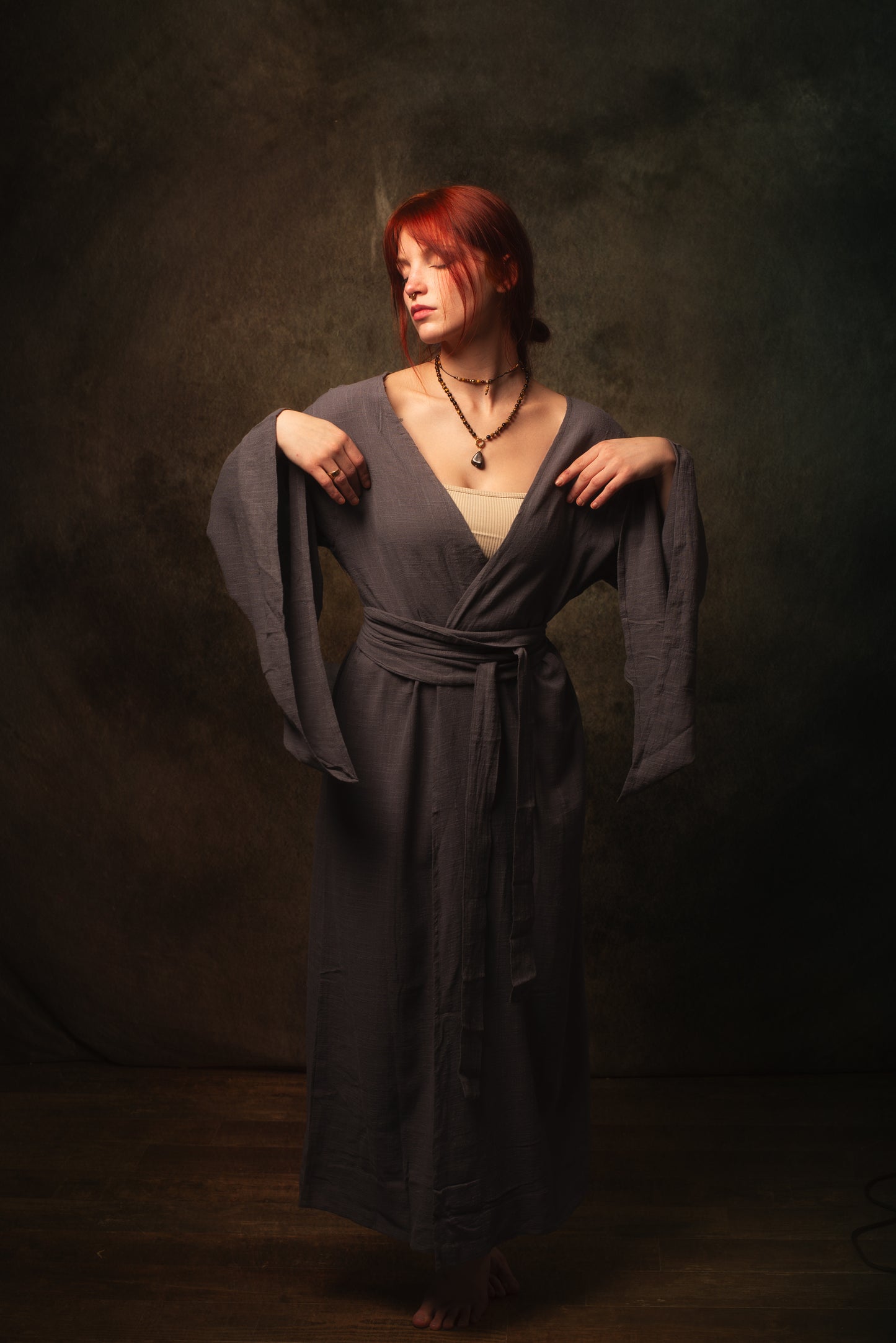 MIRA Womens Kimono Dress Sandalwood Brown Japanese Arm Flairs Soft Breathable Cotton Festival Ritual Resort Wear AJJAYA