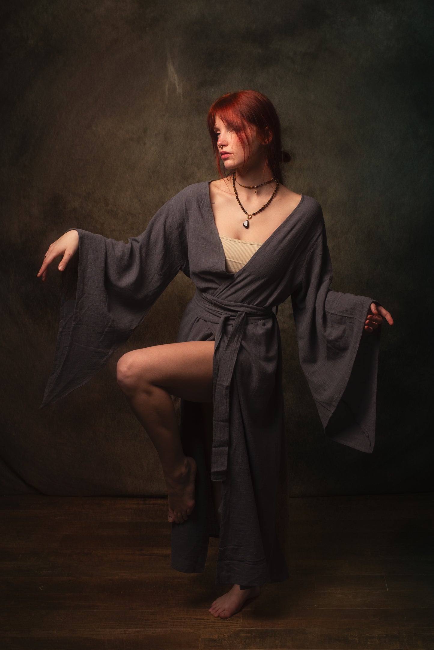 MIRA Womens Kimono Dress Sandalwood Brown Japanese Arm Flairs Soft Breathable Cotton Festival Ritual Resort Wear AJJAYA