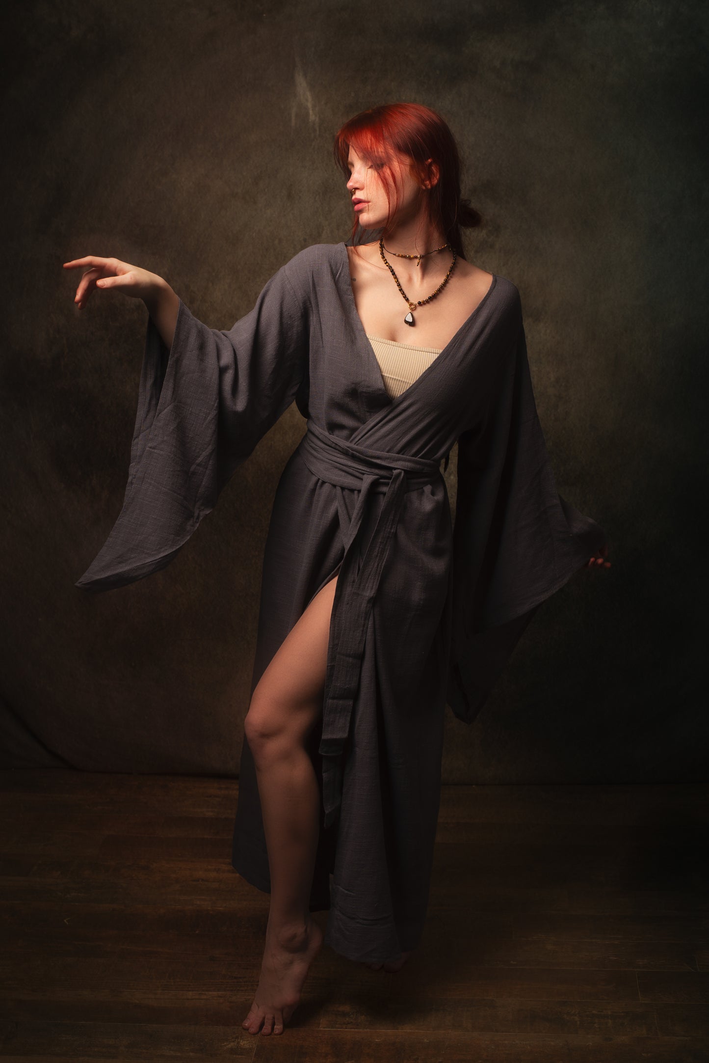 MIRA Womens Kimono Dress Grey Brown Japanese Arm Flairs Soft Breathable Cotton Festival Ritual Resort Wear AJJAYA