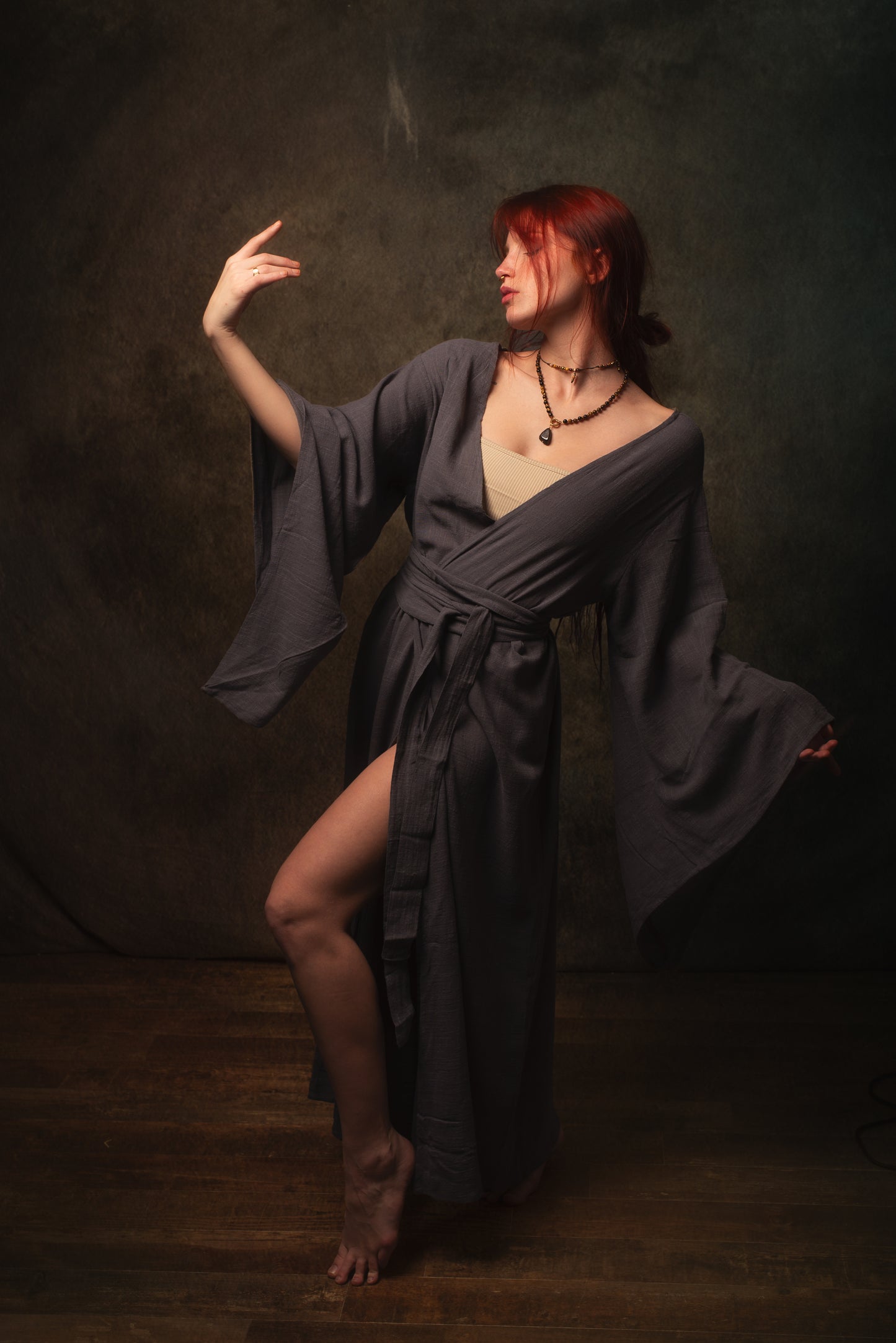 MIRA Womens Kimono Dress Sandalwood Brown Japanese Arm Flairs Soft Breathable Cotton Festival Ritual Resort Wear AJJAYA