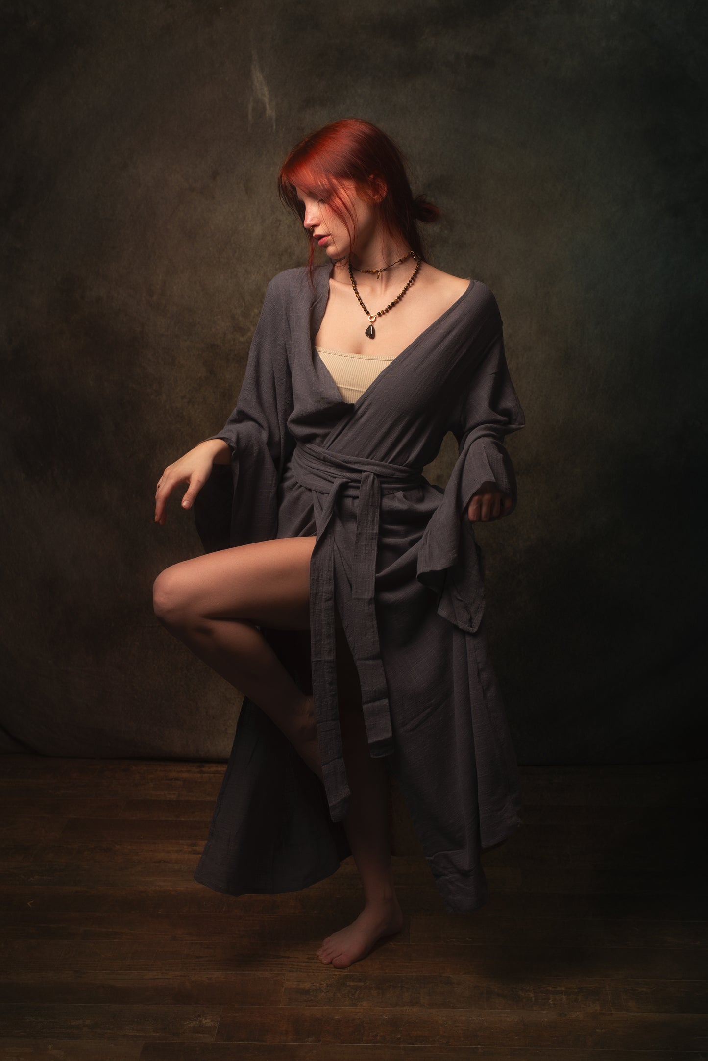 MIRA Womens Kimono Dress Grey Brown Japanese Arm Flairs Soft Breathable Cotton Festival Ritual Resort Wear AJJAYA