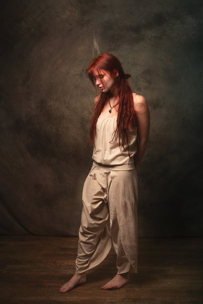 KAYANA Combinaison Barboteuse Ensemble Beige Crème Fait à la Main Coton Naturel Yoga Coupe Jambes Ouvertes Lâche Flexible Respirant Boho Festival Gypsy AJJAYA