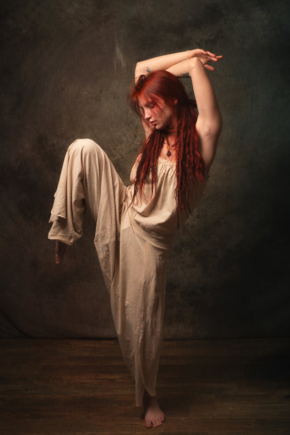 KAYANA Combinaison Barboteuse Ensemble Beige Crème Fait à la Main Coton Naturel Yoga Coupe Jambes Ouvertes Lâche Flexible Respirant Boho Festival Gypsy AJJAYA