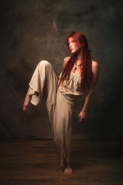 KAYANA Combinaison Barboteuse Ensemble Beige Crème Fait à la Main Coton Naturel Yoga Coupe Jambes Ouvertes Lâche Flexible Respirant Boho Festival Gypsy AJJAYA