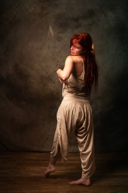 KAYANA Combinaison Barboteuse Ensemble Beige Crème Fait à la Main Coton Naturel Yoga Coupe Jambes Ouvertes Lâche Flexible Respirant Boho Festival Gypsy AJJAYA