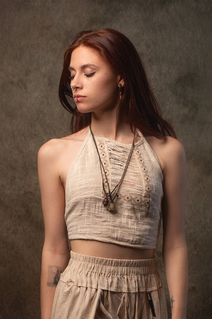 EIRINI Crop Top Yoga Black Sleeveless Natural Cotton Tank Shirt Festival Ceremony Tribal Fairy Boho AJJAYA