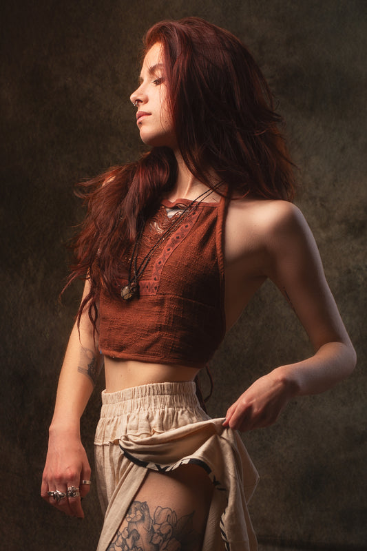 EIRINI Crop Top Yoga Rust Sleeveless Natural Cotton Tank Shirt Festival Ceremony Tribal Fairy Boho AJJAYA