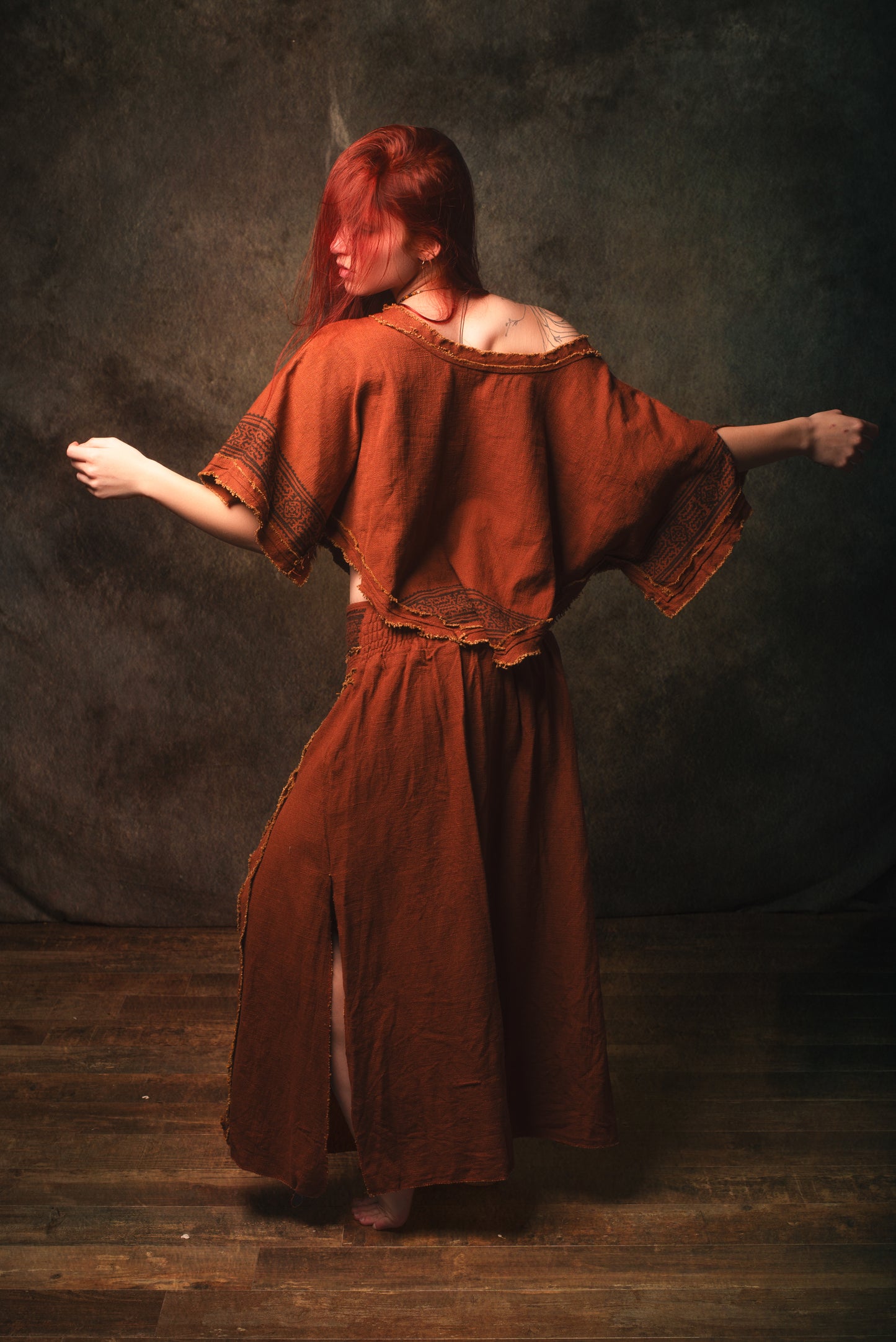 KURA Mini Poncho Top Rustic Orange Natural Cotton Block Printed Tribal Patterns Shirt Festival Ceremony Fairy Boho AJJAYA