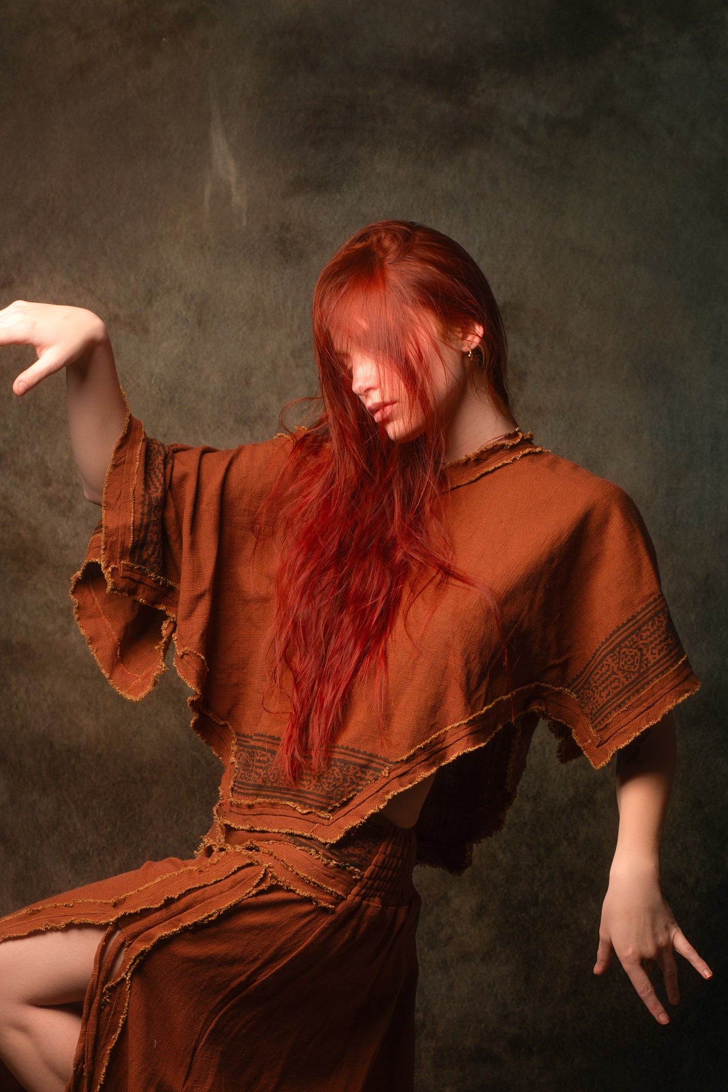 KURA Mini Poncho Top Rustic Orange Natural Cotton Block Printed Tribal Patterns Shirt Festival Ceremony Fairy Boho AJJAYA