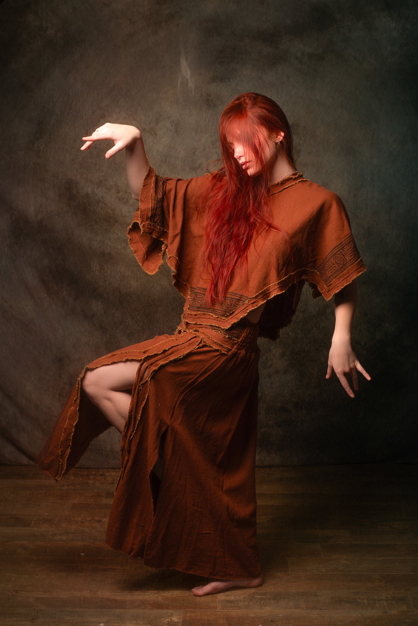 KURA Mini Poncho Top Rustic Orange Natural Cotton Block Printed Tribal Patterns Shirt Festival Ceremony Fairy Boho AJJAYA