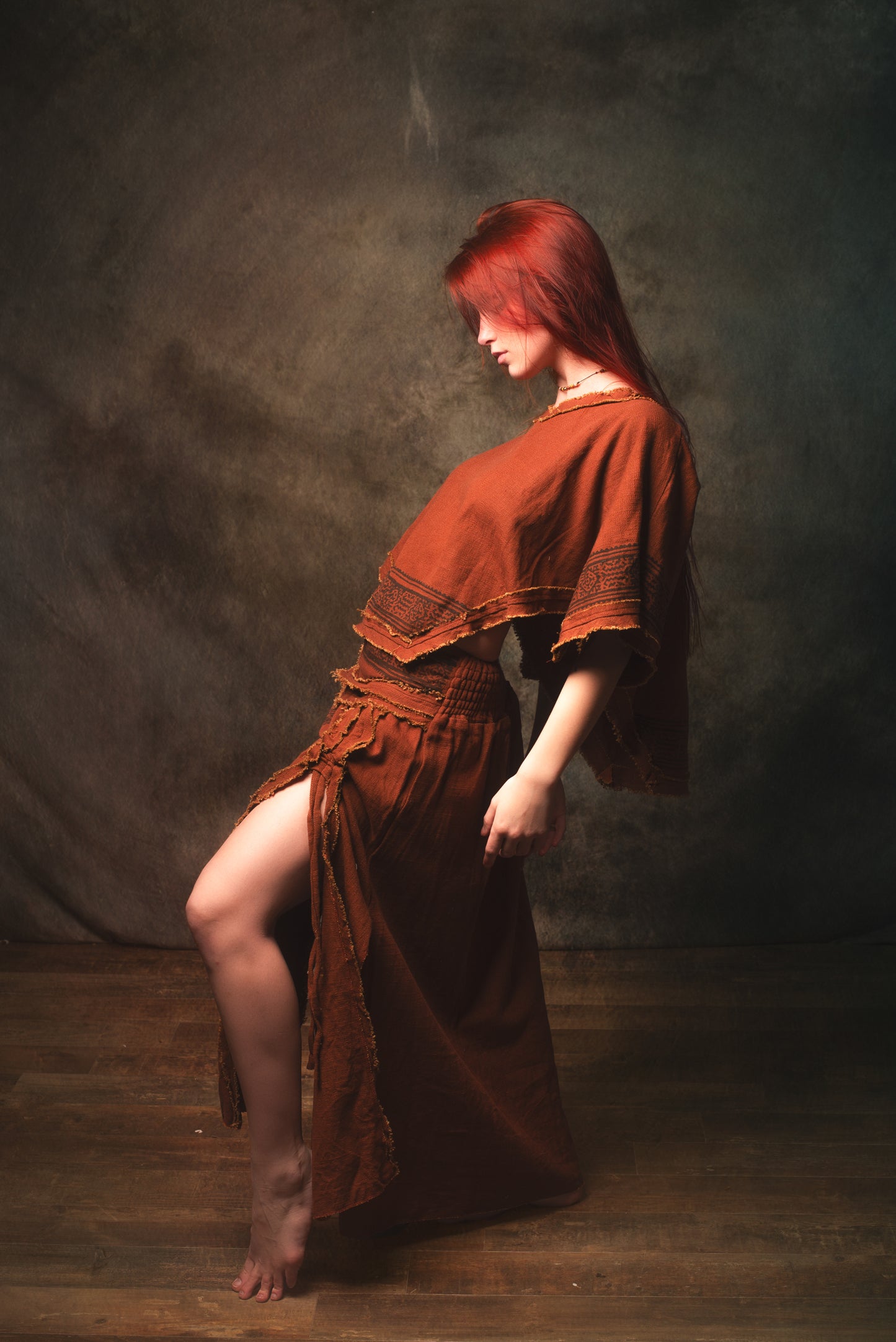 KURA Mini Poncho Top Rustic Orange Natural Cotton Block Printed Tribal Patterns Shirt Festival Ceremony Fairy Boho AJJAYA