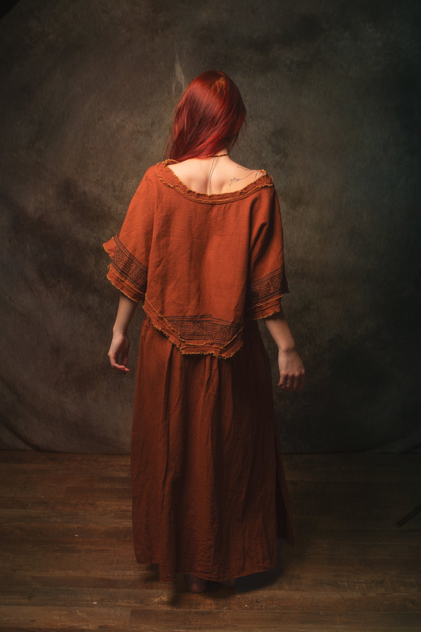 KURA Mini Poncho Top Rustic Orange Natural Cotton Block Printed Tribal Patterns Shirt Festival Ceremony Fairy Boho AJJAYA