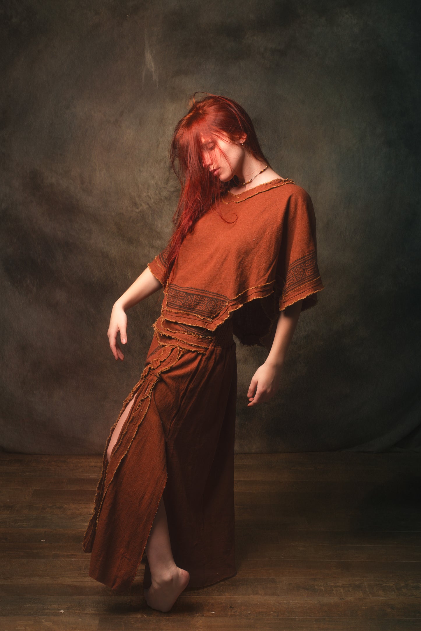 KURA Mini Poncho Top Rustic Orange Natural Cotton Block Printed Tribal Patterns Shirt Festival Ceremony Fairy Boho AJJAYA