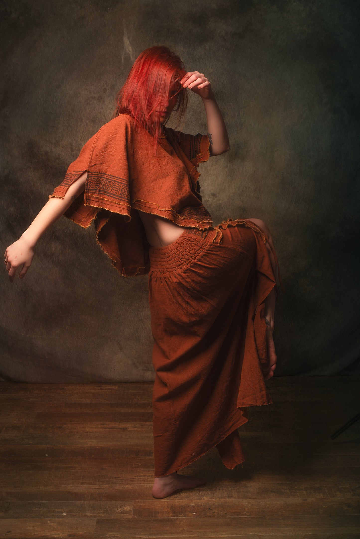 KURA Mini Poncho Top Rustic Orange Natural Cotton Block Printed Tribal Patterns Shirt Festival Ceremony Fairy Boho AJJAYA