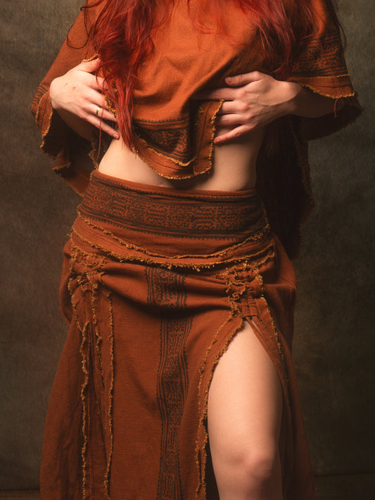 NARIAH Skirt Rust Handmade Cotton Block Printed Tribal Patterns Natural Dyed Fairy Gypsy Boho Festival Ceremony Ritual AJJAYA