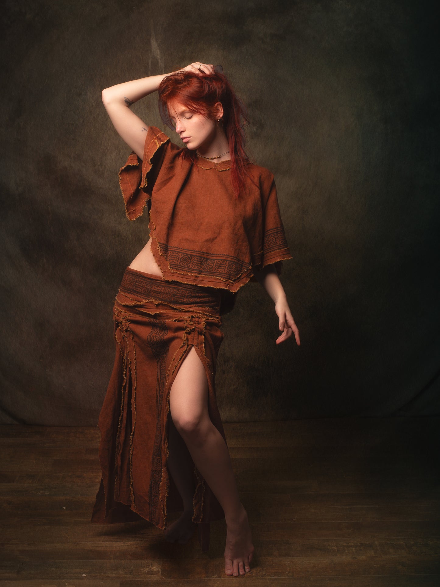 KURA Mini Poncho Top Rustic Orange Natural Cotton Block Printed Tribal Patterns Shirt Festival Ceremony Fairy Boho AJJAYA