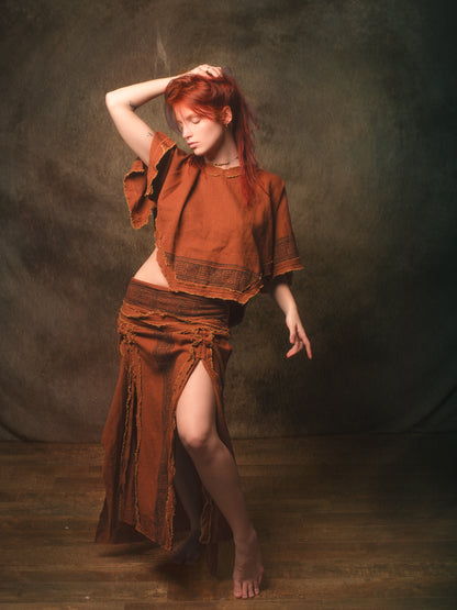NARIAH Skirt Rust Handmade Cotton Block Printed Tribal Patterns Natural Dyed Fairy Gypsy Boho Festival Ceremony Ritual AJJAYA