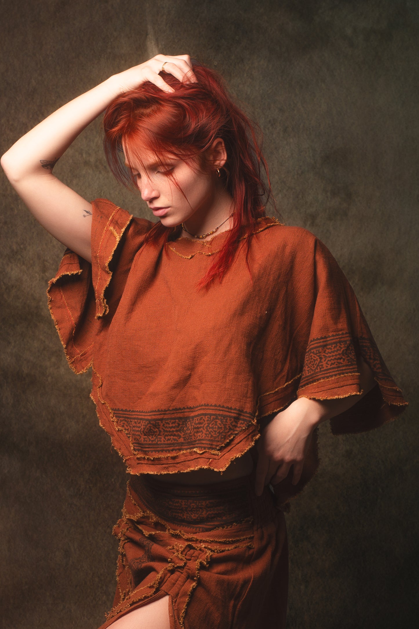 KURA Mini Poncho Top Rustic Orange Natural Cotton Block Printed Tribal Patterns Shirt Festival Ceremony Fairy Boho AJJAYA