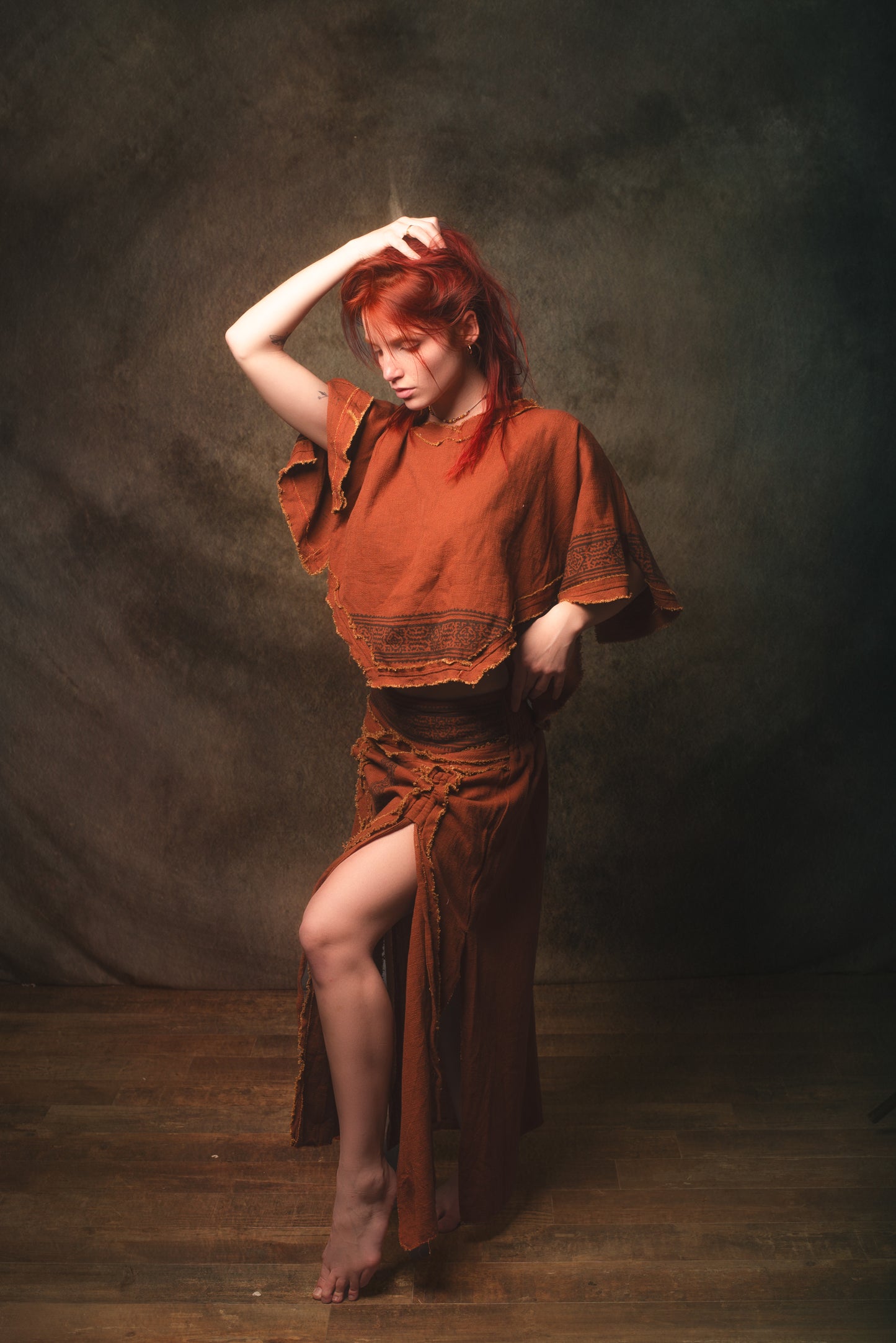 KURA Mini Poncho Top Rustic Orange Natural Cotton Block Printed Tribal Patterns Shirt Festival Ceremony Fairy Boho AJJAYA