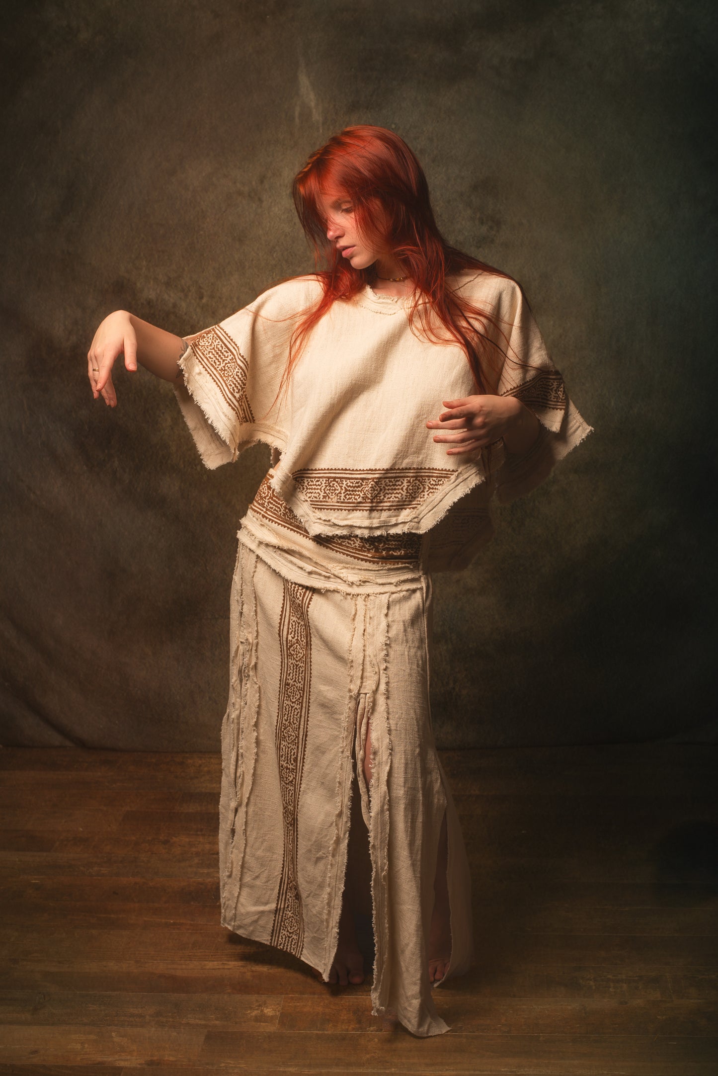 KURA Mini Poncho Top Beige Natural Cotton Block Printed Tribal Patterns Shirt Festival Ceremony Fairy Boho AJJAYA