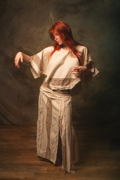 KURA Mini Poncho Top Beige Natural Cotton Block Printed Tribal Patterns Shirt Festival Ceremony Fairy Boho AJJAYA