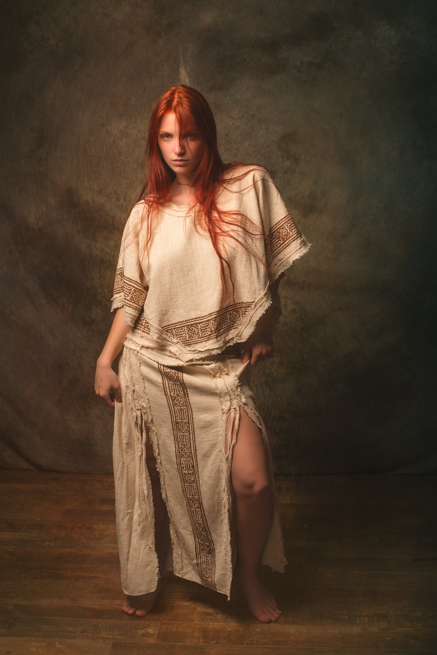 KURA Mini Poncho Top Beige Natural Cotton Block Printed Tribal Patterns Shirt Festival Ceremony Fairy Boho AJJAYA