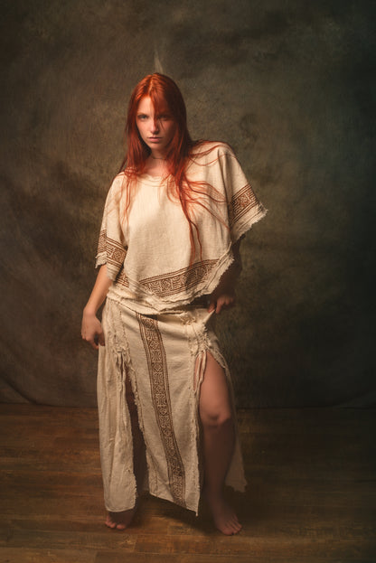 KURA Mini Poncho Top Beige Natural Cotton Block Printed Tribal Patterns Shirt Festival Ceremony Fairy Boho AJJAYA