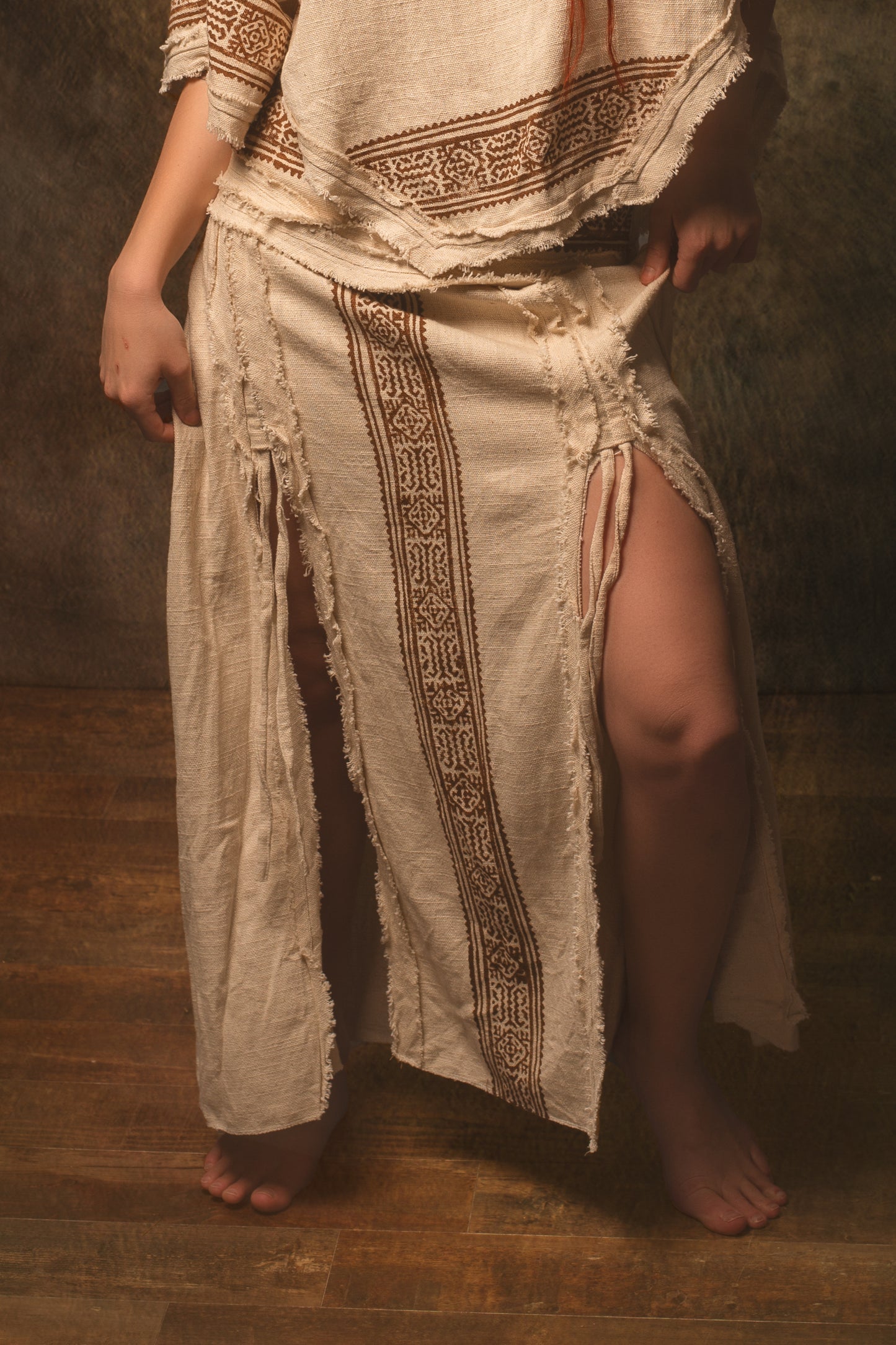 NARIAH Skirt Beige Handmade Cotton Block Printed Tribal Patterns Natural Dyed Fairy Gypsy Boho Festival Ceremony Ritual AJJAYA