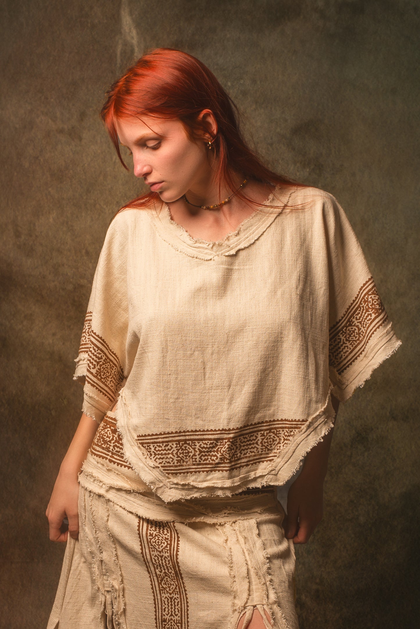 KURA Mini Poncho Top Beige Natural Cotton Block Printed Tribal Patterns Shirt Festival Ceremony Fairy Boho AJJAYA