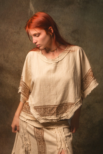 KURA Mini Poncho Top Beige Natural Cotton Block Printed Tribal Patterns Shirt Festival Ceremony Fairy Boho AJJAYA