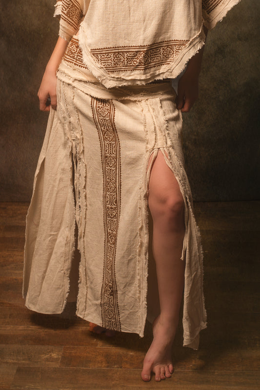 NARIAH Skirt Beige Handmade Cotton Block Printed Tribal Patterns Natural Dyed Fairy Gypsy Boho Festival Ceremony Ritual AJJAYA