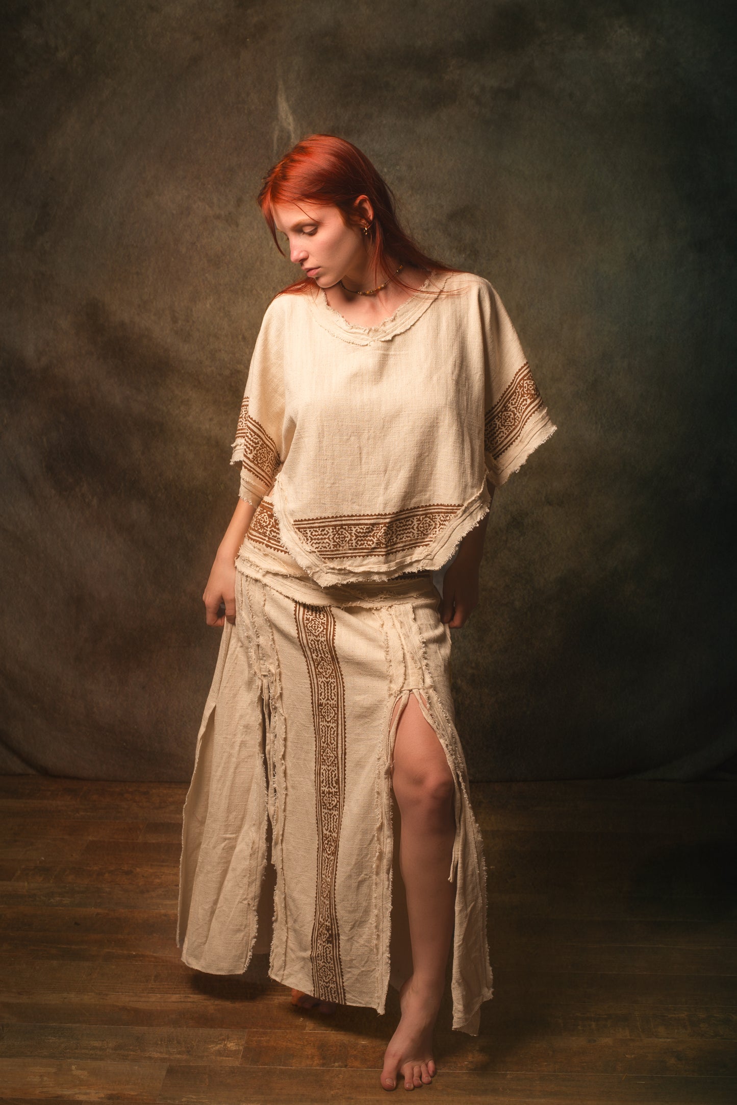 KURA Mini Poncho Top Beige Natural Cotton Block Printed Tribal Patterns Shirt Festival Ceremony Fairy Boho AJJAYA