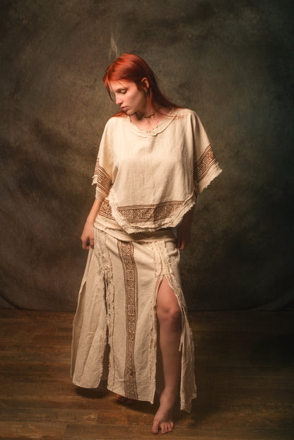 NARIAH Skirt Beige Handmade Cotton Block Printed Tribal Patterns Natural Dyed Fairy Gypsy Boho Festival Ceremony Ritual AJJAYA