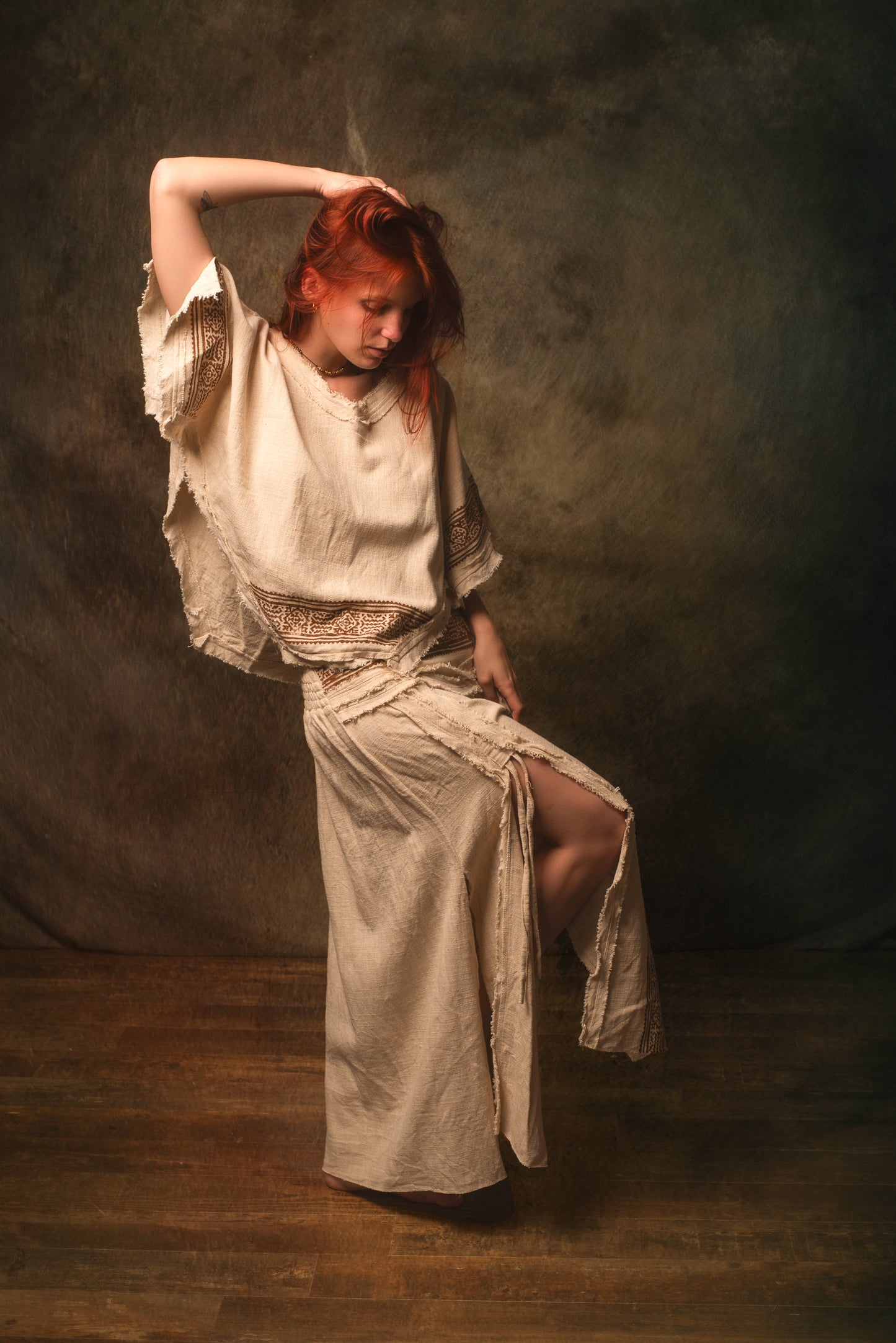 KURA Mini Poncho Top Beige Natural Cotton Block Printed Tribal Patterns Shirt Festival Ceremony Fairy Boho AJJAYA