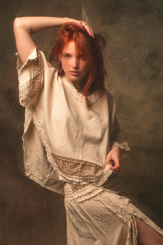 KURA Mini Poncho Top Beige Natural Cotton Block Printed Tribal Patterns Shirt Festival Ceremony Fairy Boho AJJAYA